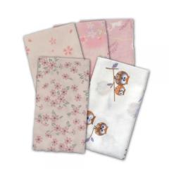 ガーゼ手ぬぐい 5枚 ピンク系 (サクラ1 サクラ2 小花 和ウサギ フクロウ(ブラウン))