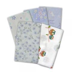 ガーゼ手ぬぐい 5枚 ブルー系 (サクラ1 サクラ2 小花 和ウサギ フクロウ(グリーン))